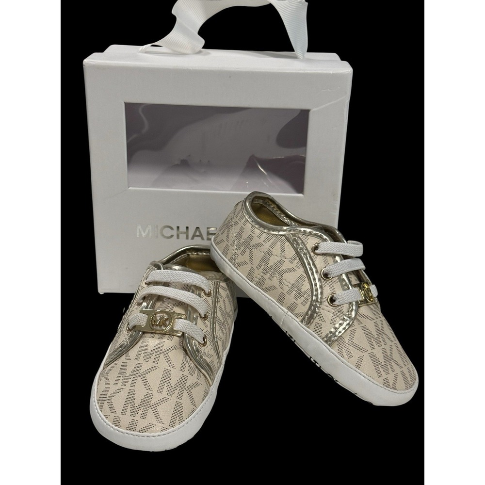 Michael Kors Baby Borium Vanilla US Size 4 Crib Shoes MK Signature In Orig Box